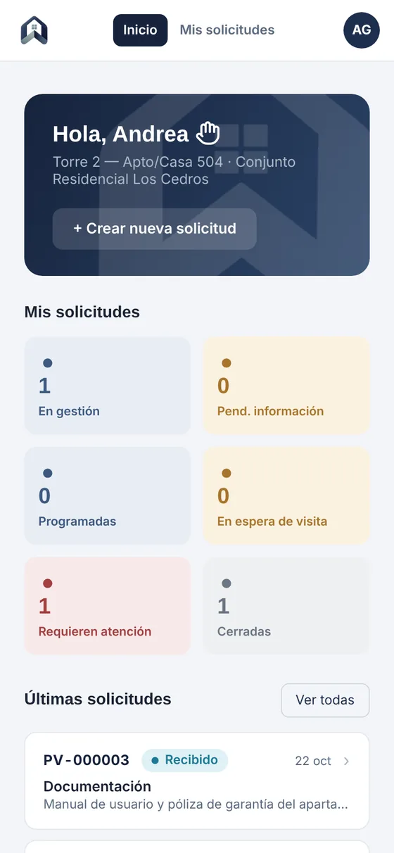 Vista móvil del propietario con el resumen de sus solicitudes